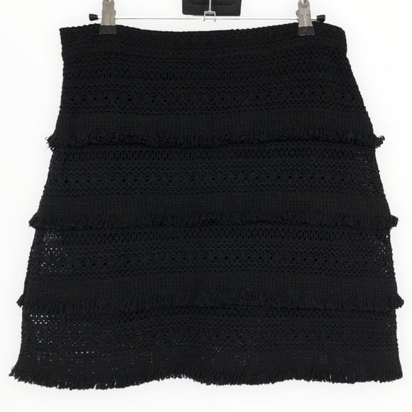 Joie Serena Fringe Mini Skirt in Black Caviar Woven Knit Loop Trim size 4 NWT - Picture 4 of 7